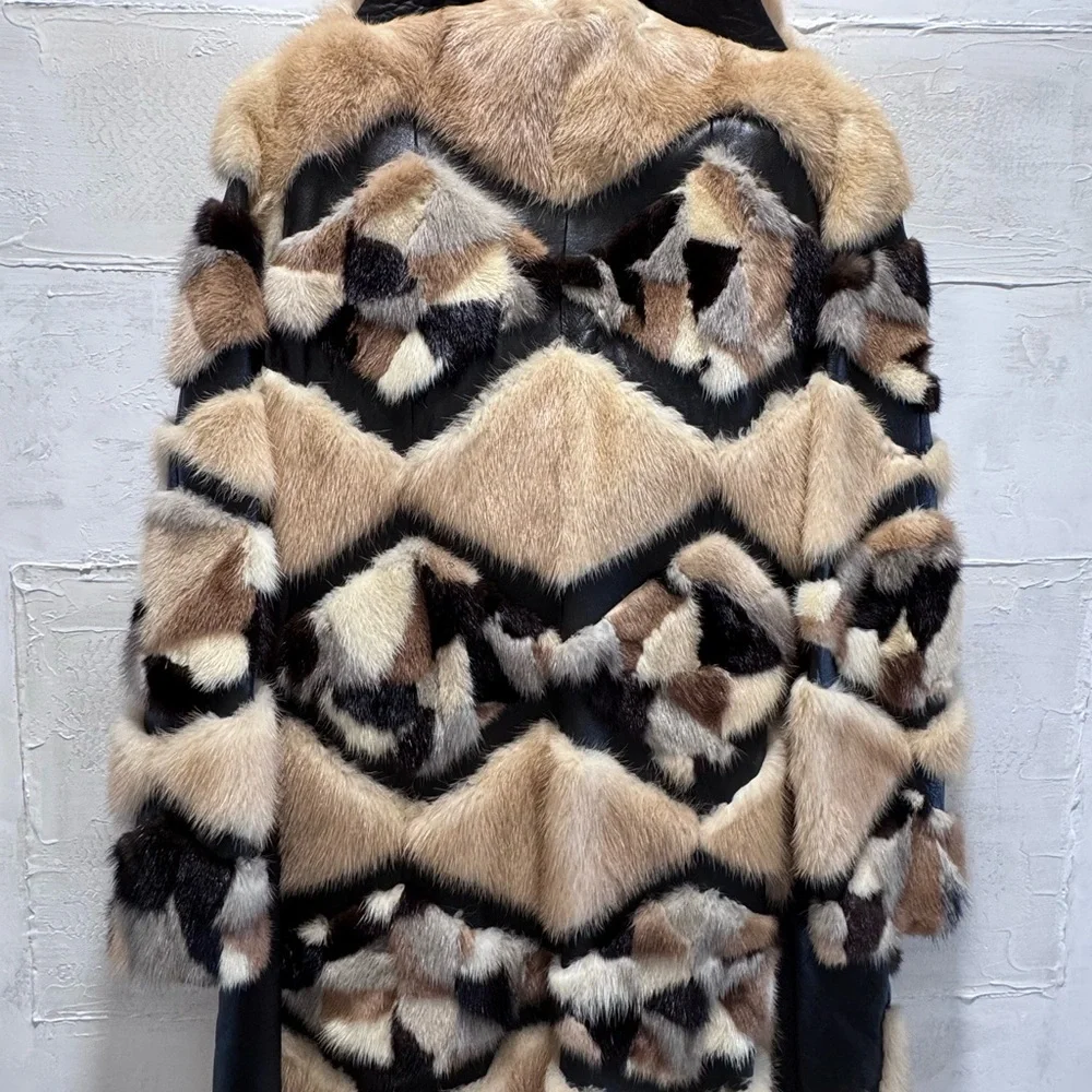 Vintage Mink Fur Patchwork Coat Leather Chevron Luxe Statement Jacket M - Picture 11 of 11
